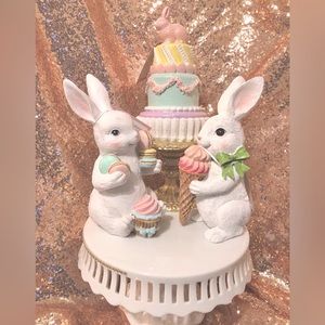 Cupcakes and cashmere pastel Easter bunny cake with pair of macaroon bunnys